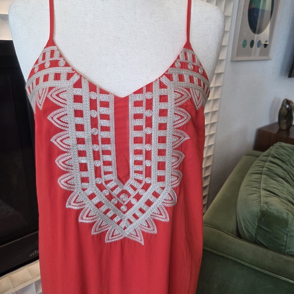 THML Boho Embroidered Vibrant Orange Red Maxi Dress, Spaghetti Straps - Large - Picture 3 of 9